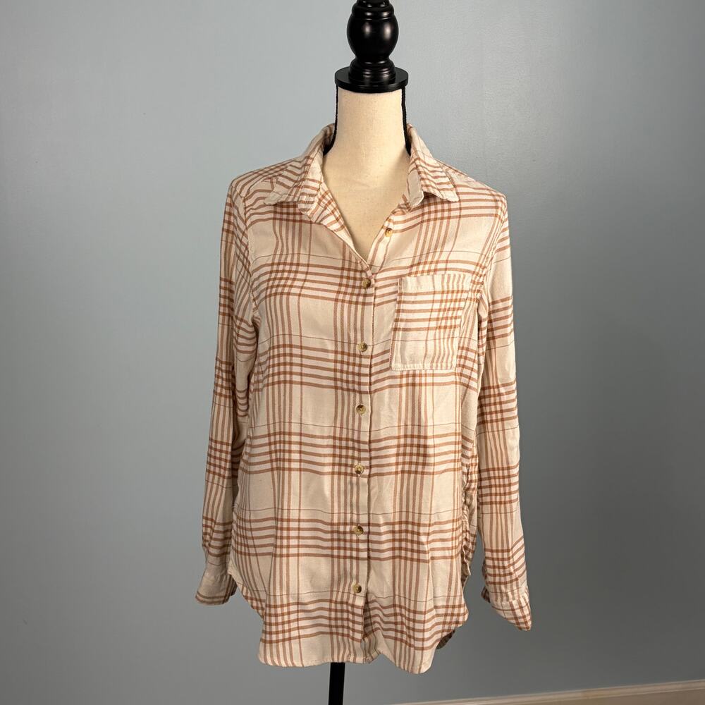 C&C California Soft Plaid Shirt Women's M Neutral Brown Cottagecore Fall
